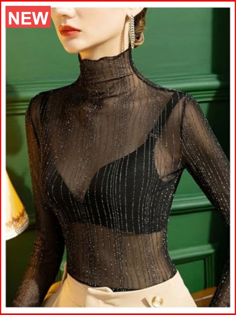 Women's Mock Neck Mesh Sheer Long Sleeve Tops See Through Going Out Tee - Picture 2 of 5